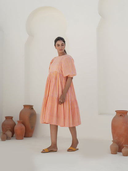 Emilia Sunset Stripe Hand Block Printed Tier Dress
