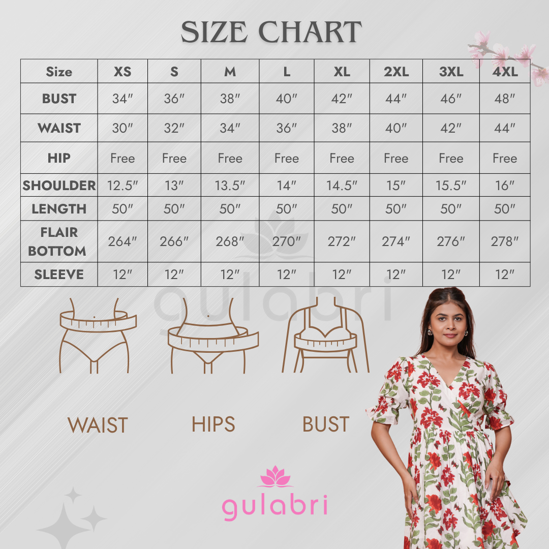 Rietaa Hand block Printed Floral Wrap Dress - Size Chart