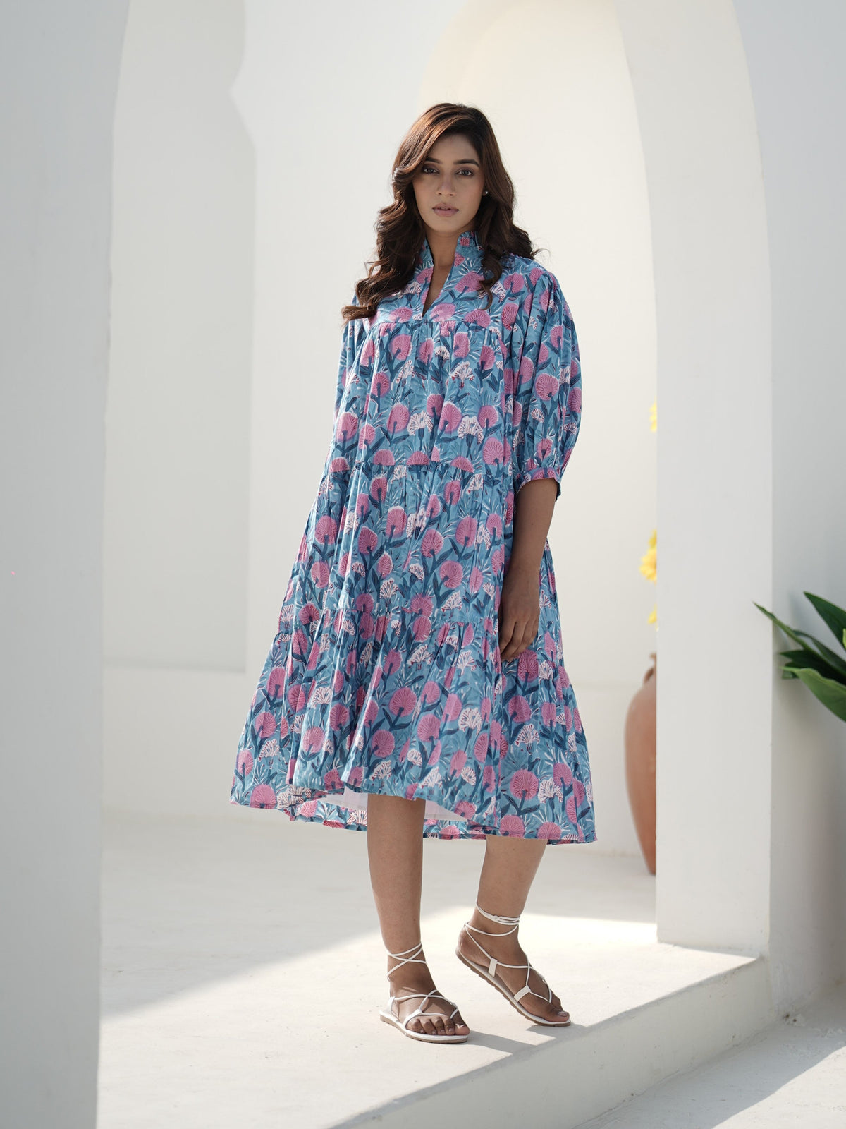 Evelyn Hand Block Printed Midi Dress