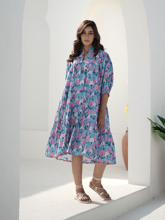Evelyn Hand Block Printed Midi Dress