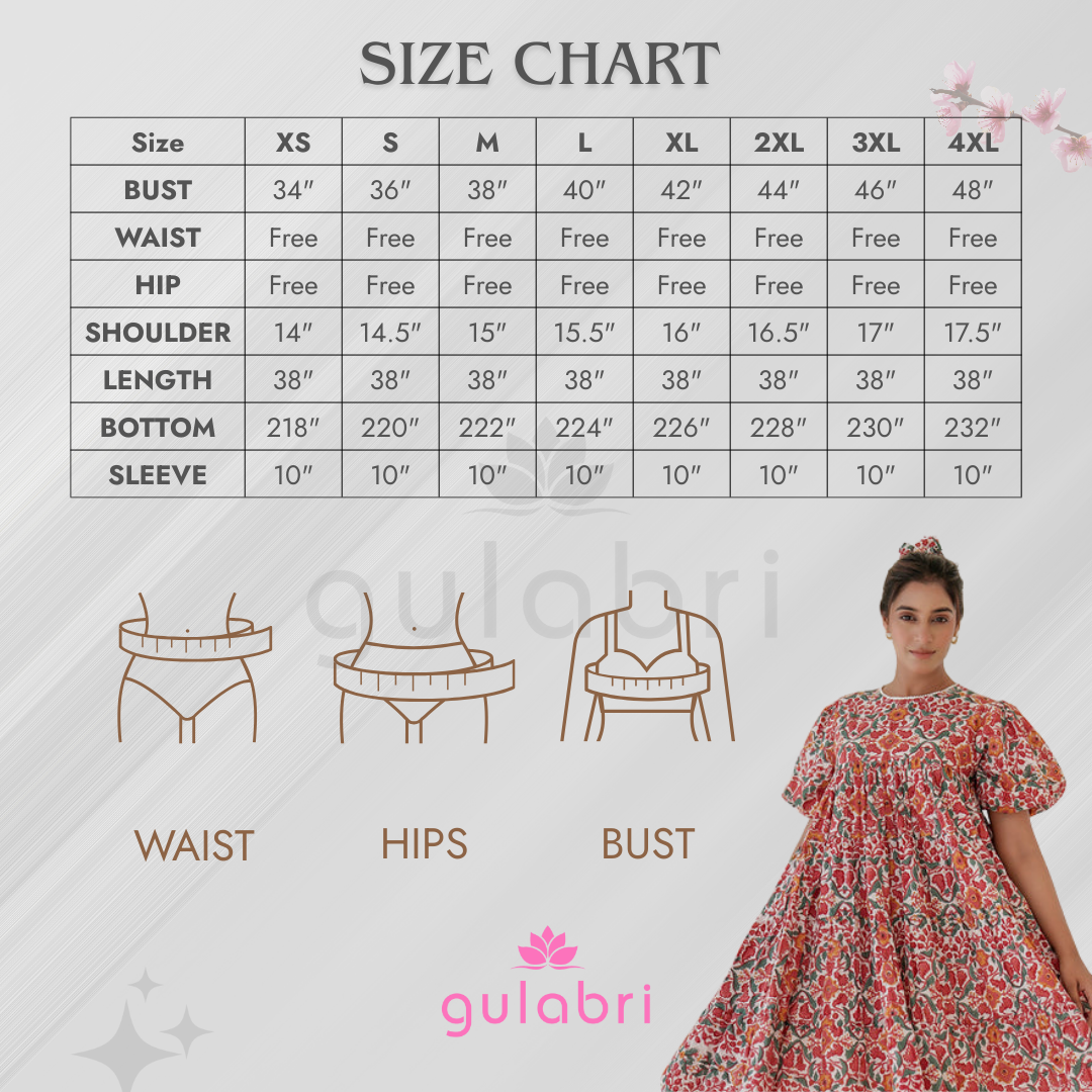 Anemone Hand Block Printed Smocked Dress - Size Chart