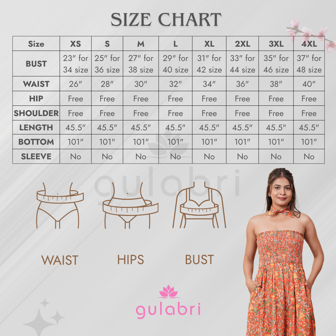 Celenia Hand block Printed Floral Long Dress - Size Chart