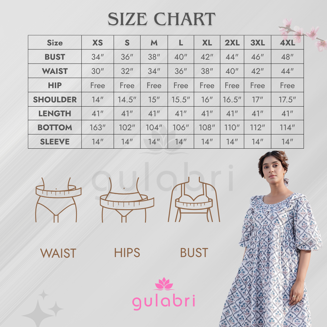Aria Hand block Printed Dress - Size Chart