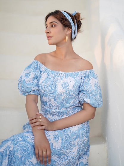 Fioana Hand Block Printed Off-Shoulder Maxi Dress
