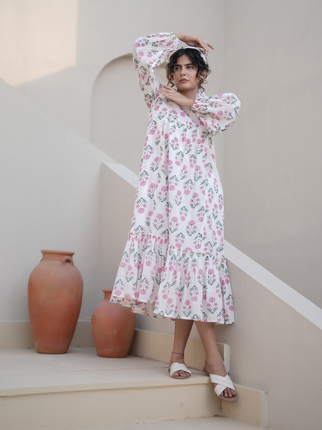 Elena Hand Block Printed Floral Ruffle Dress