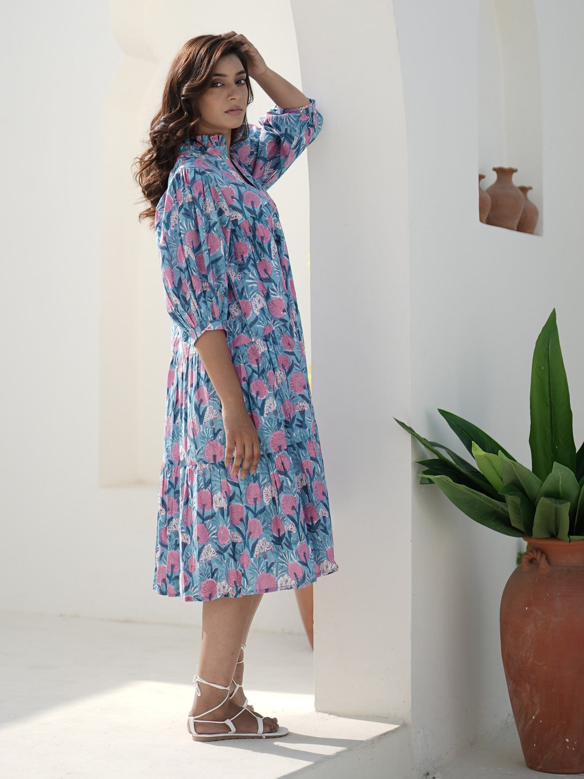 Evelyn Hand Block Printed Midi Dress