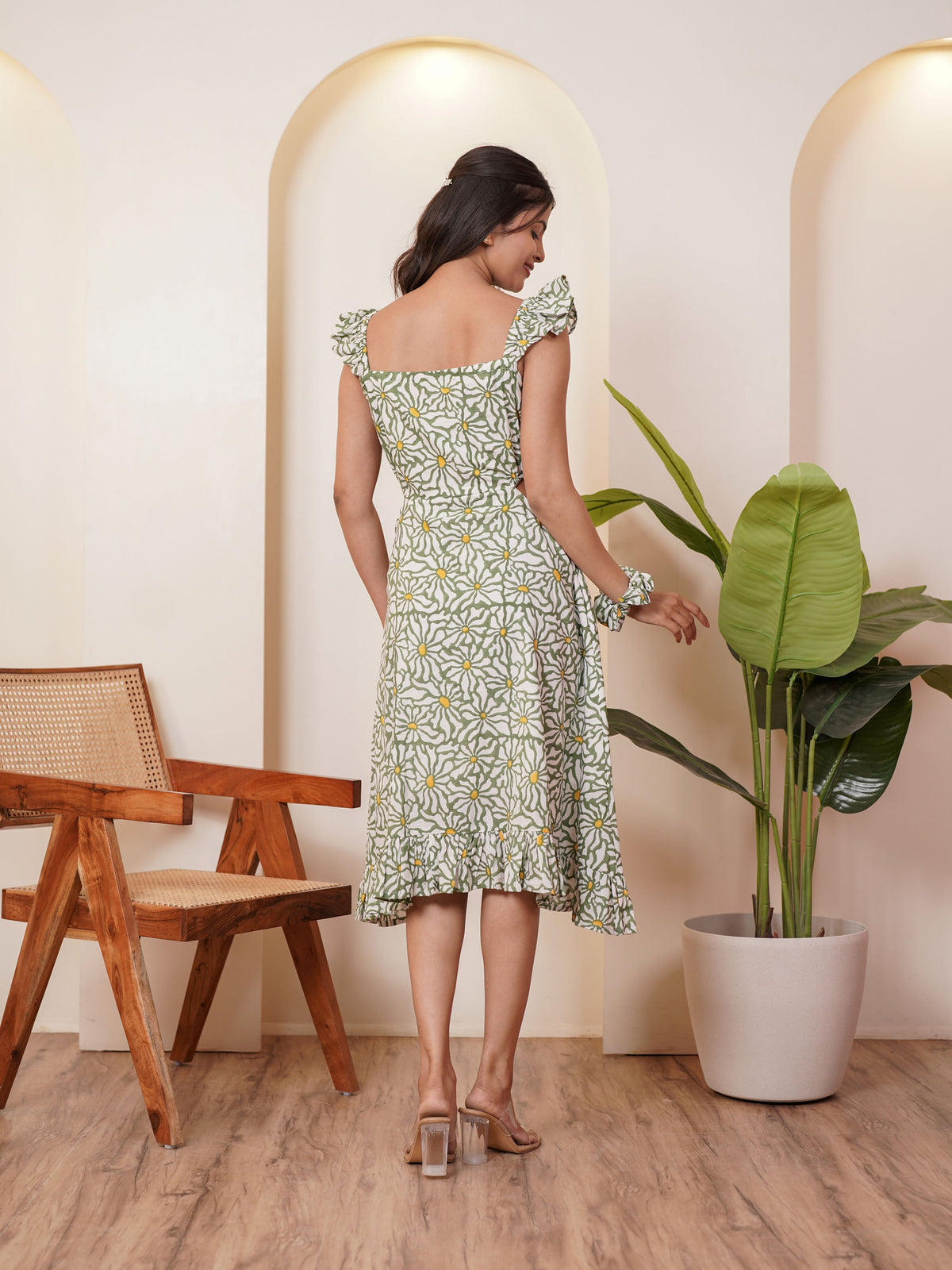 Eliza Hand block Printed Meadow Muse Midi Dress