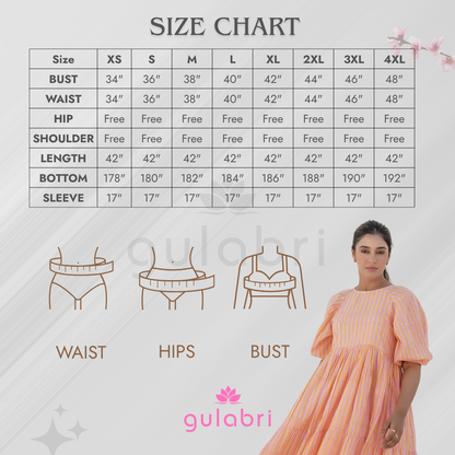 Emilia Sunset Stripe Hand Block Printed Tier Dress - Size Chart