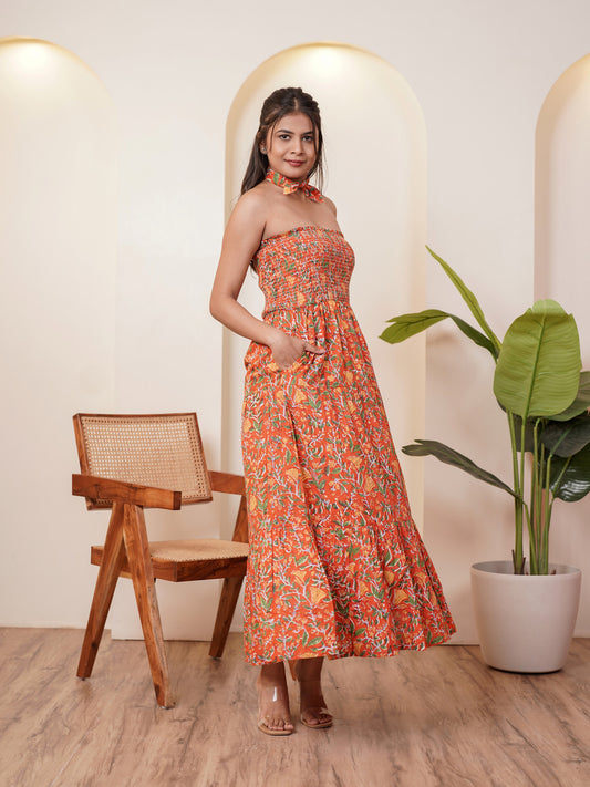 Celenia Hand block Printed Floral Long Dress
