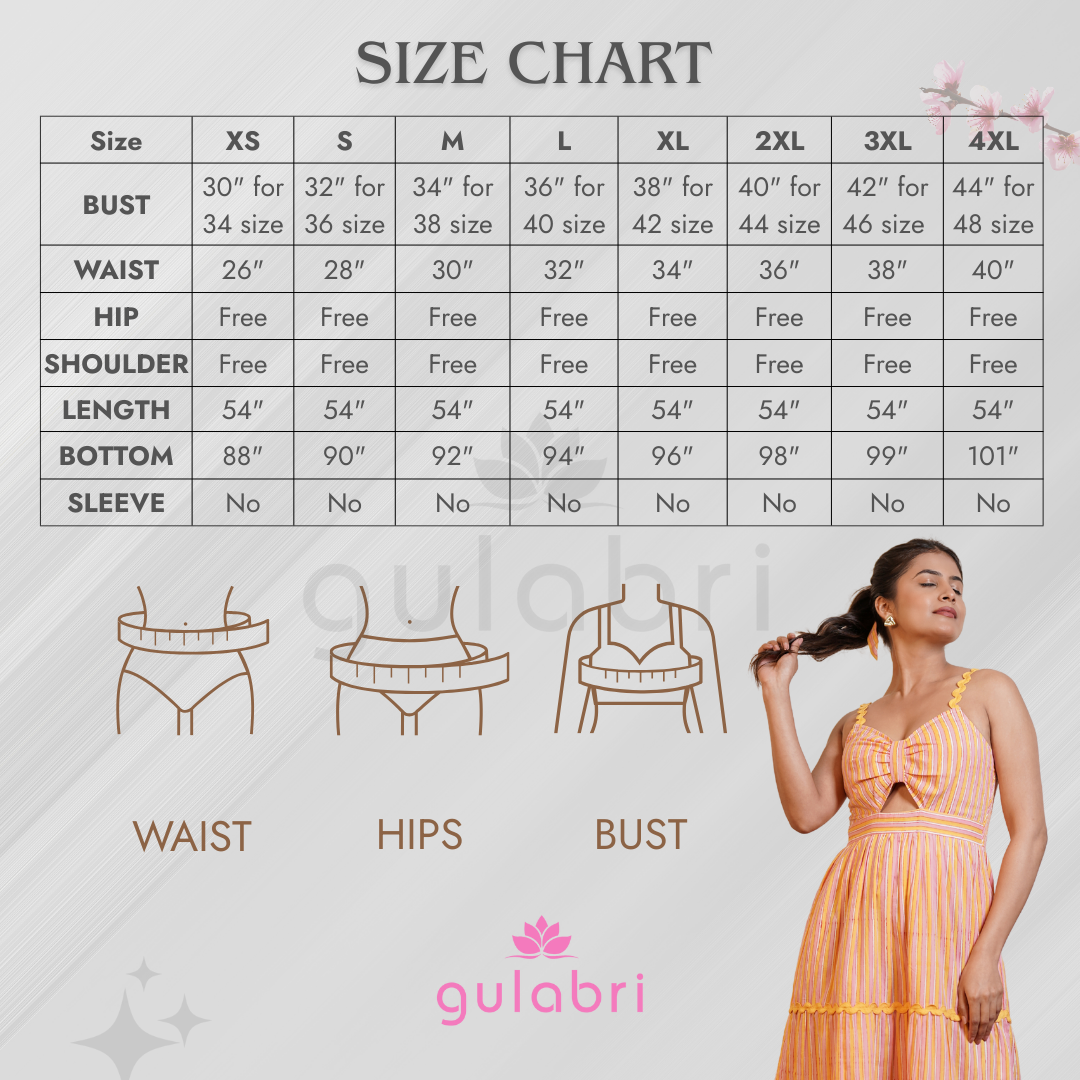 Rebecca Hand Block Printed Sunshine Maxi Dress - Size Chart