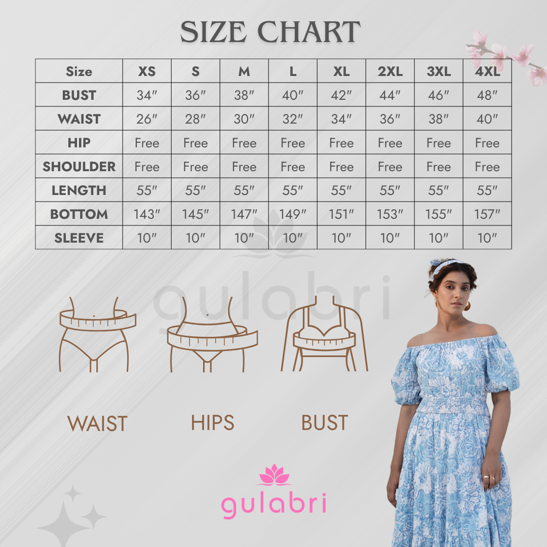 Fioana Hand Block Printed Off-Shoulder Maxi Dress - Size Chart