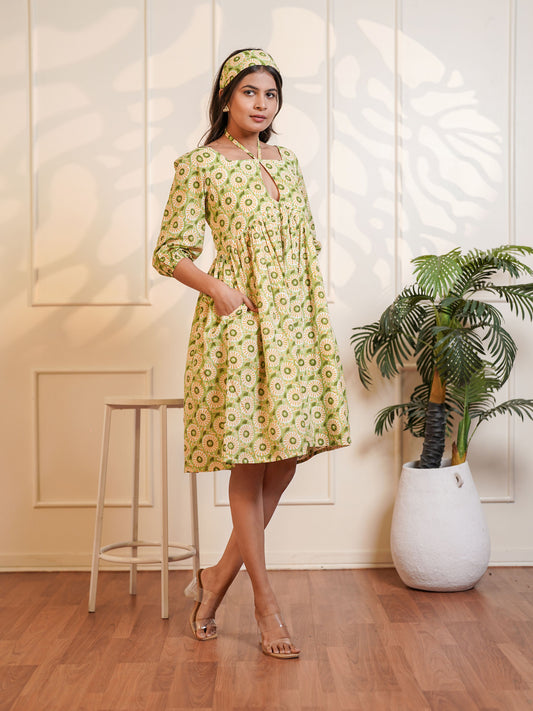 Leah Handblock Printed Meadow Midi Dress