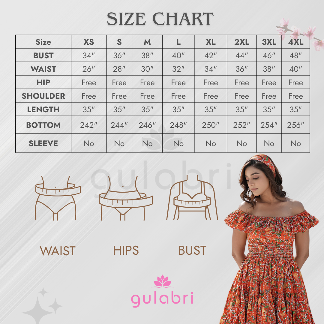 Shimer Hand Block Printed Smocked Dress - Size Chart