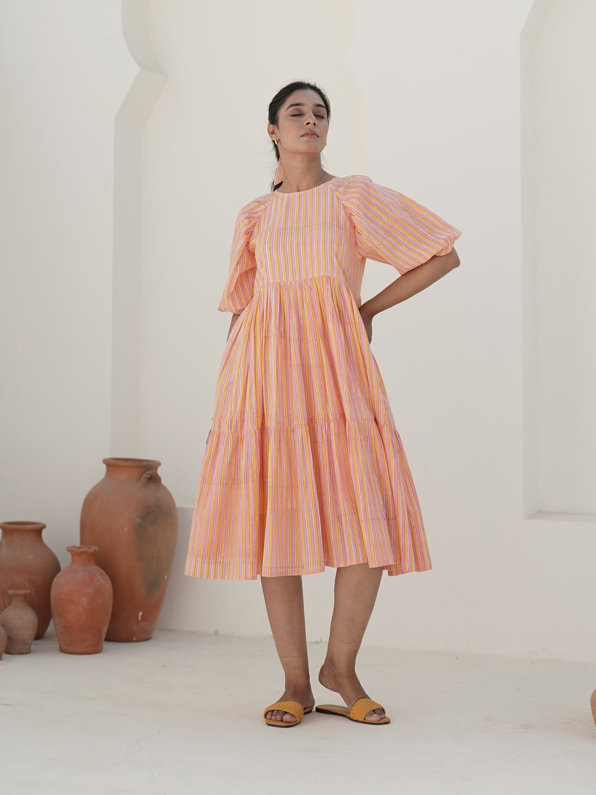 Emilia Sunset Stripe Hand Block Printed Tier Dress