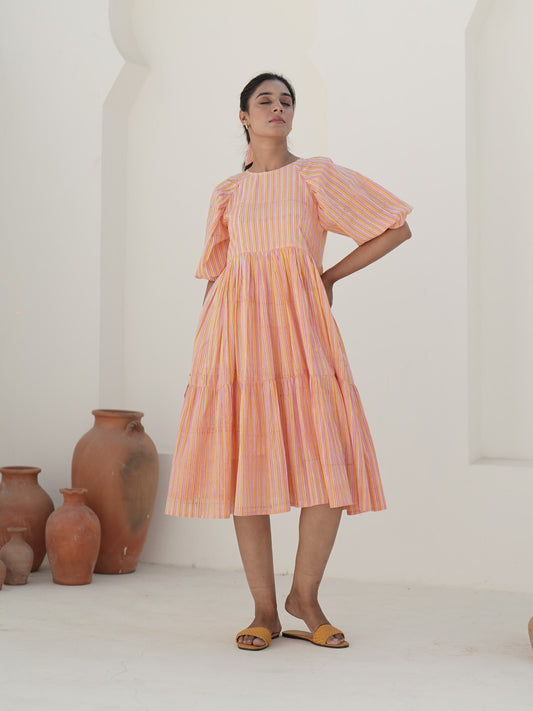 Emilia Sunset Stripe Hand Block Printed Tier Dress