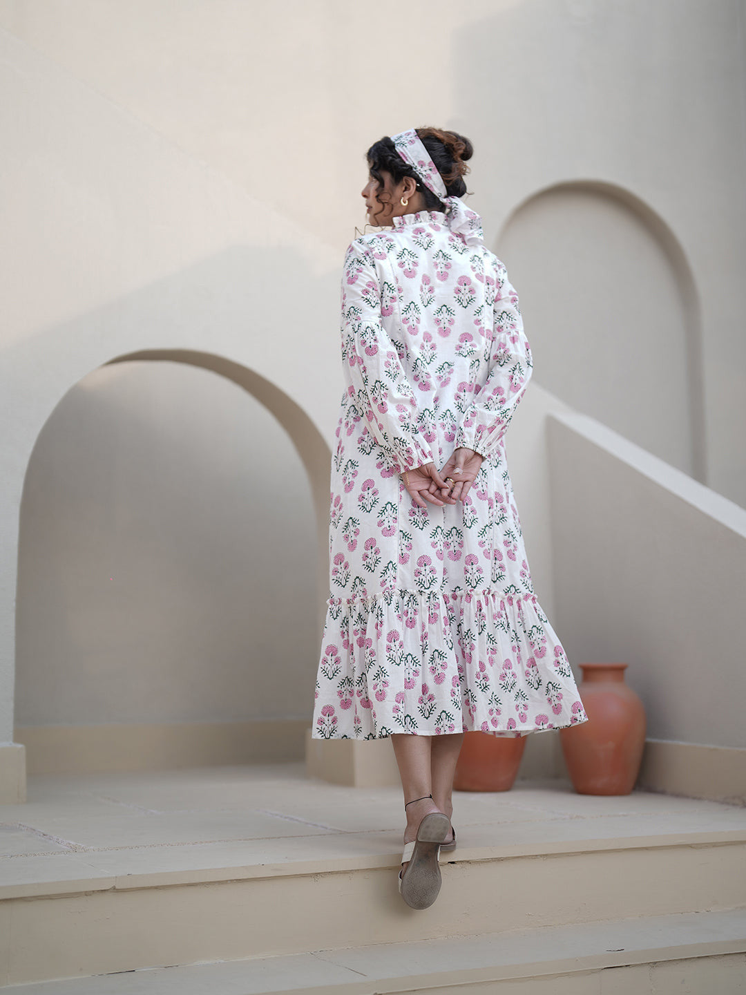 Elena Hand Block Printed Floral Ruffle Dress