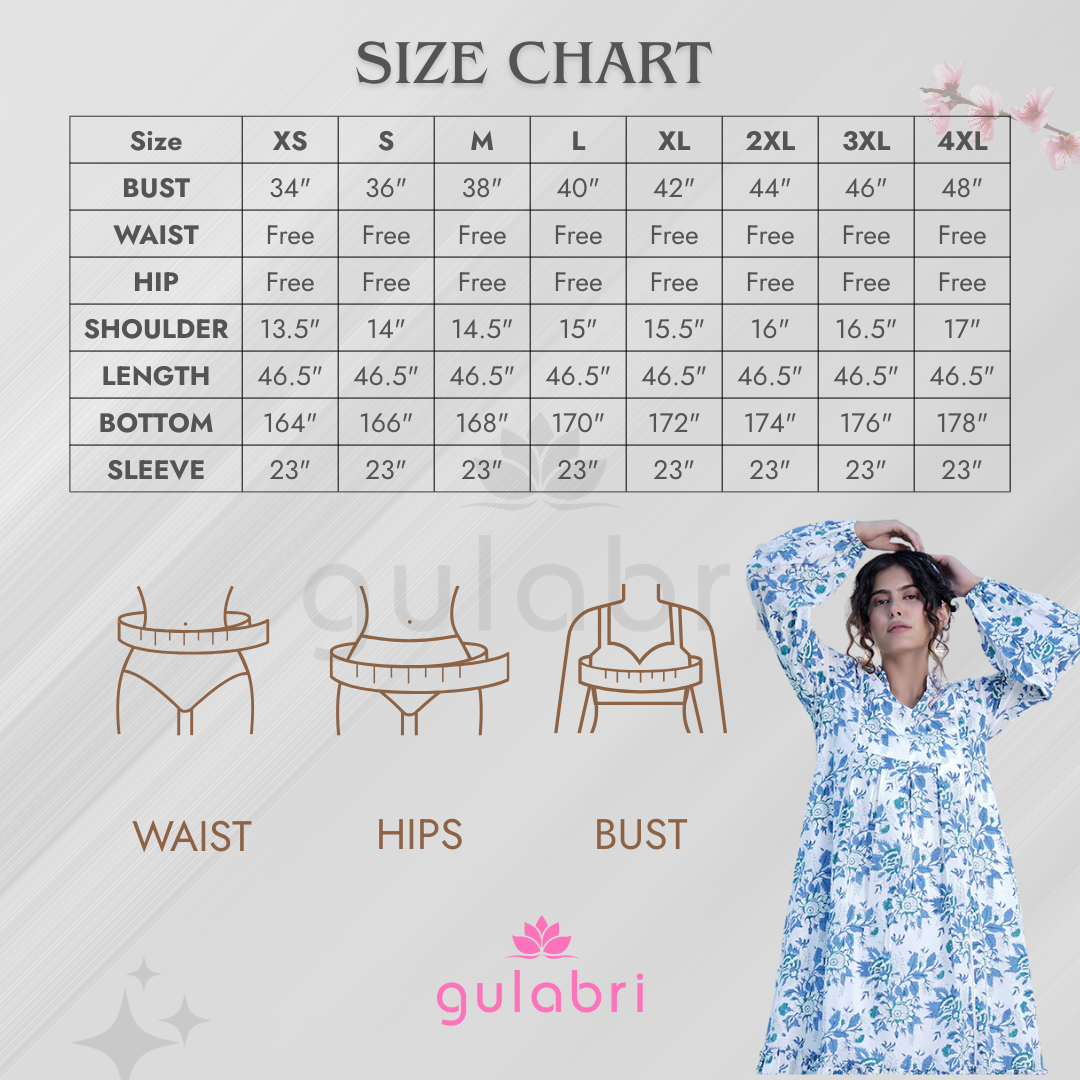 Shanaya Hand Block Printed Midi Dress - Size Chart
