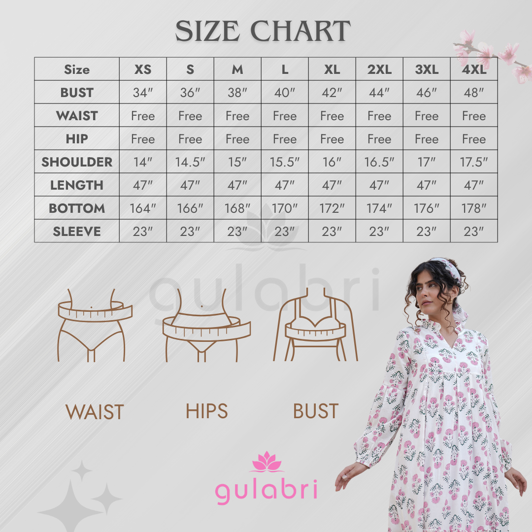 Elena Hand Block Printed Floral Ruffle Dress - Size Chart