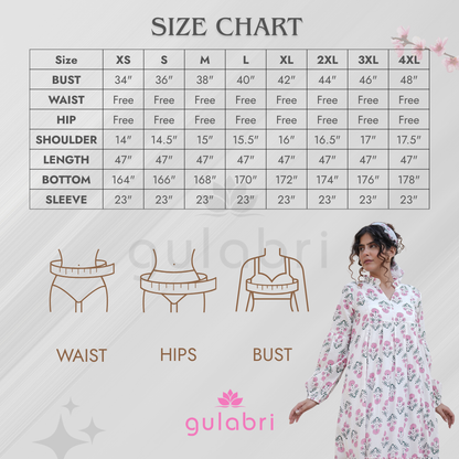 Elena Hand Block Printed Floral Ruffle Dress - Size Chart