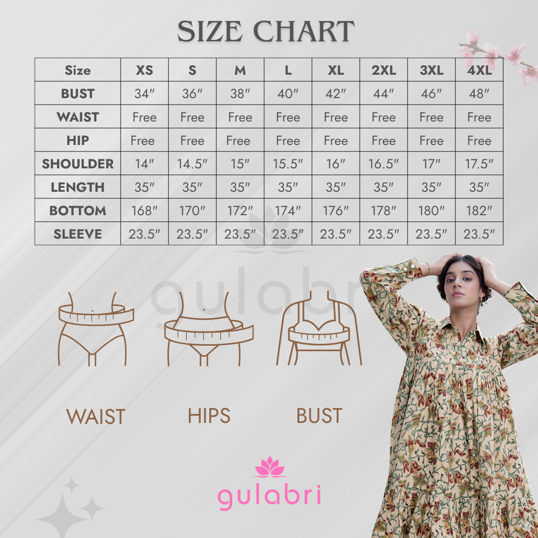 Caterina Handblock Printed Shirt Dress - Size Chart