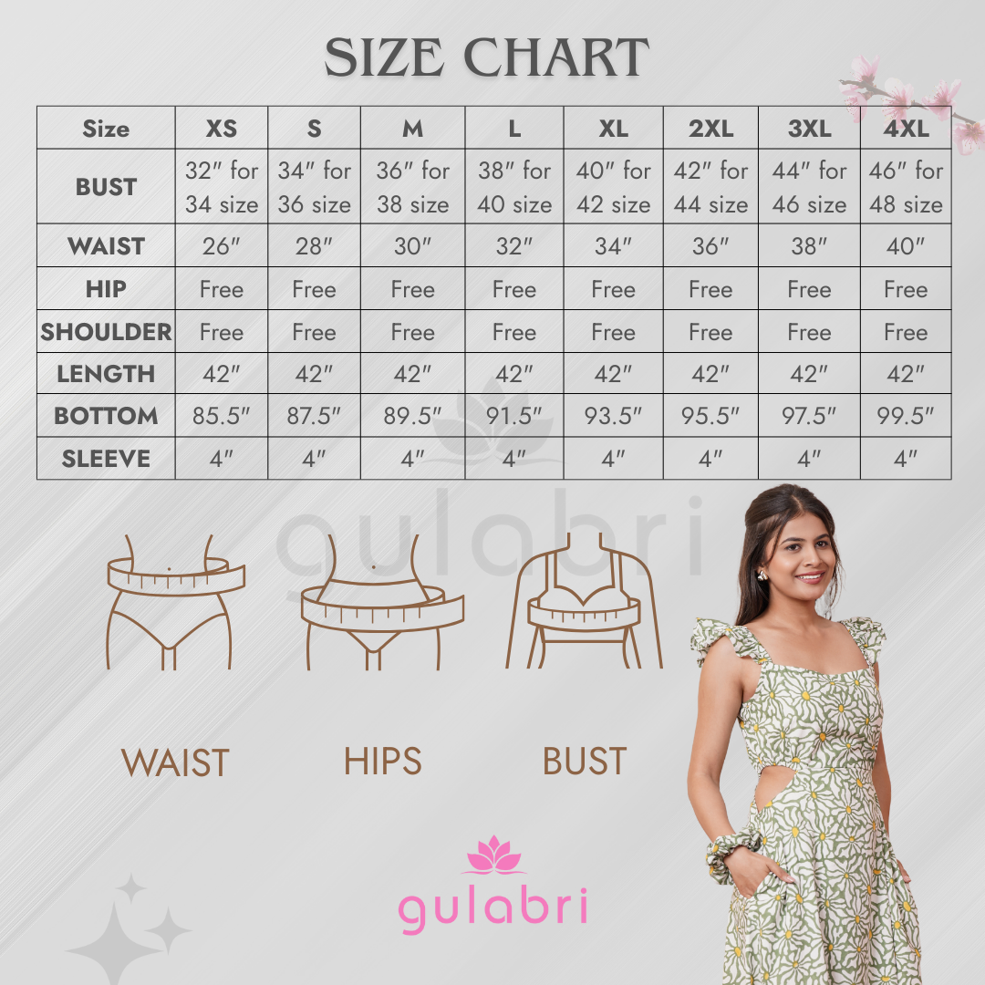 Eliza Hand block Printed Meadow Muse Midi Dress - Size Chart