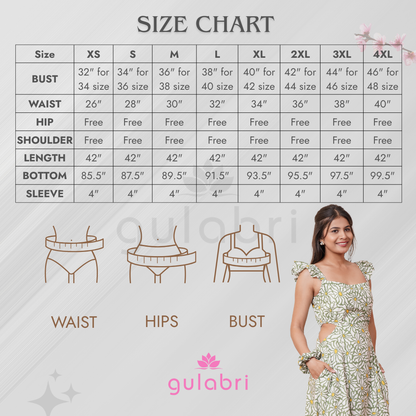 Eliza Hand block Printed Meadow Muse Midi Dress - Size Chart