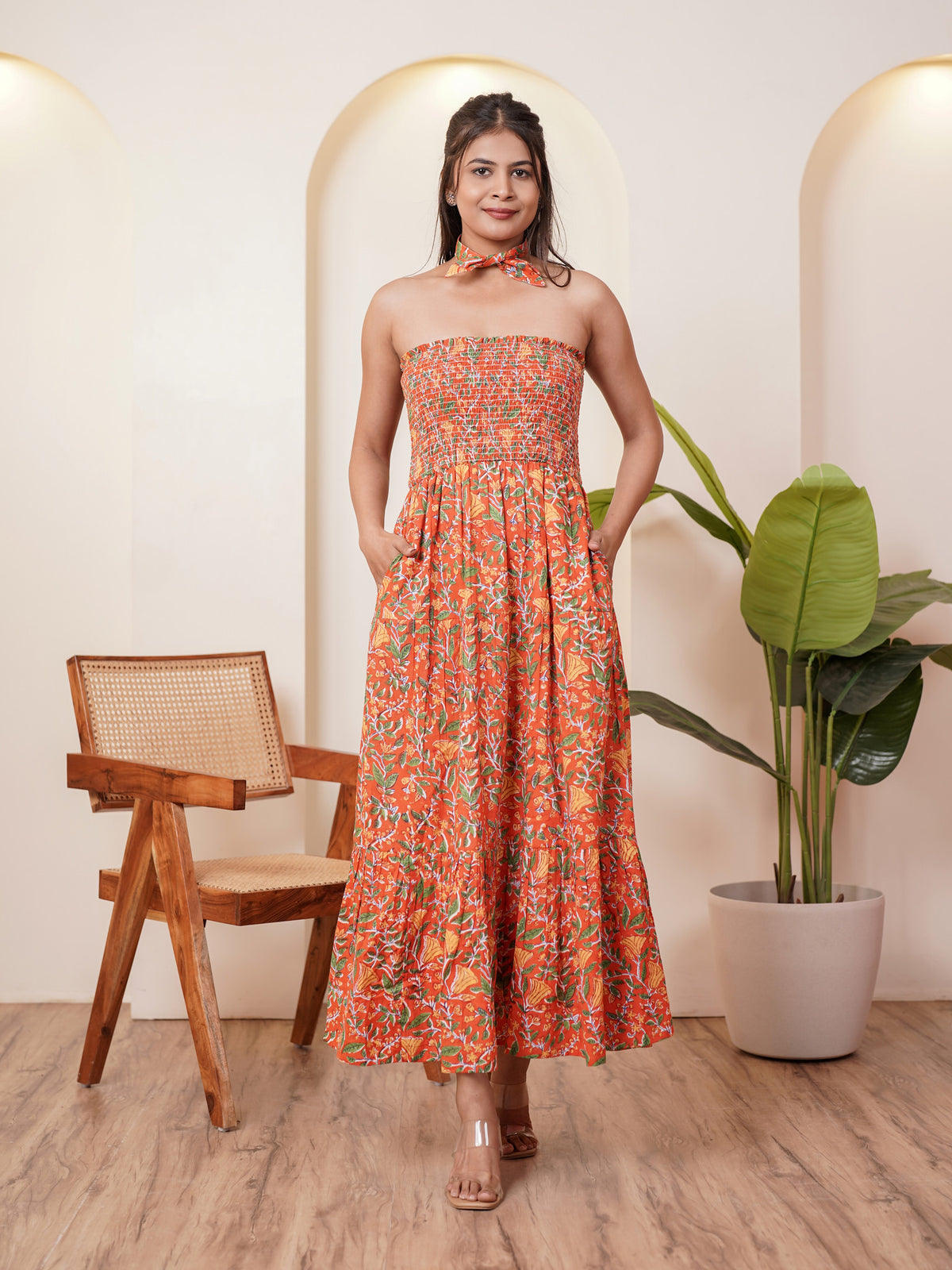 Celenia Hand block Printed Floral Long Dress
