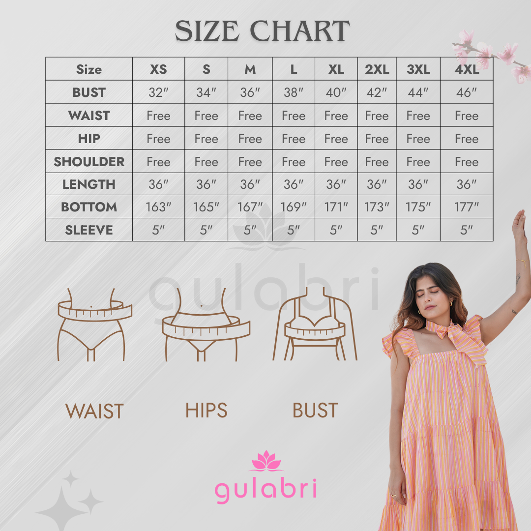 Chiara Hand Block Printed Tiered Dress - Size Chart