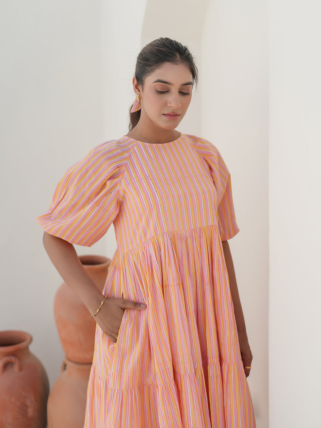 Emilia Sunset Stripe Hand Block Printed Tier Dress