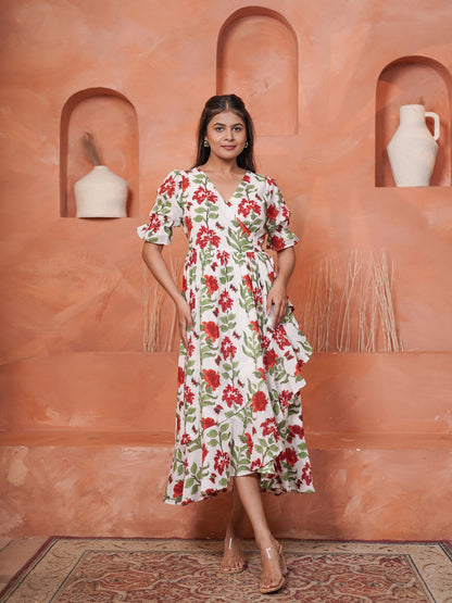 Rietaa Hand block Printed Floral Wrap Dress
