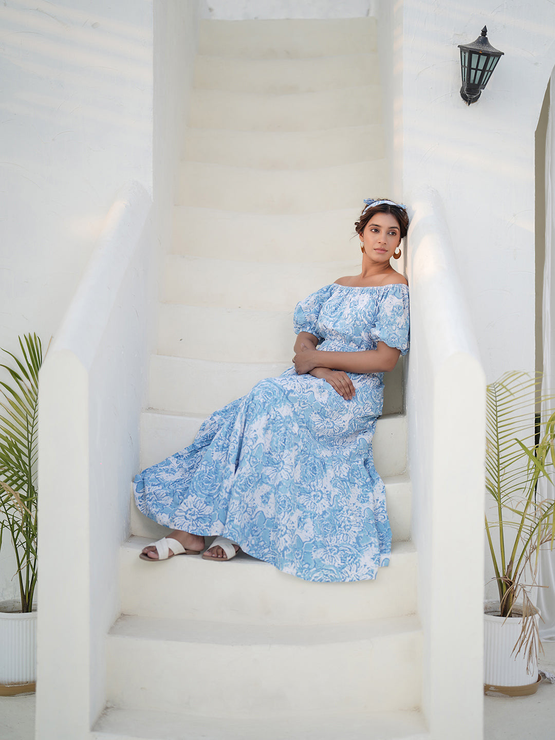 Fioana Hand Block Printed Off-Shoulder Maxi Dress