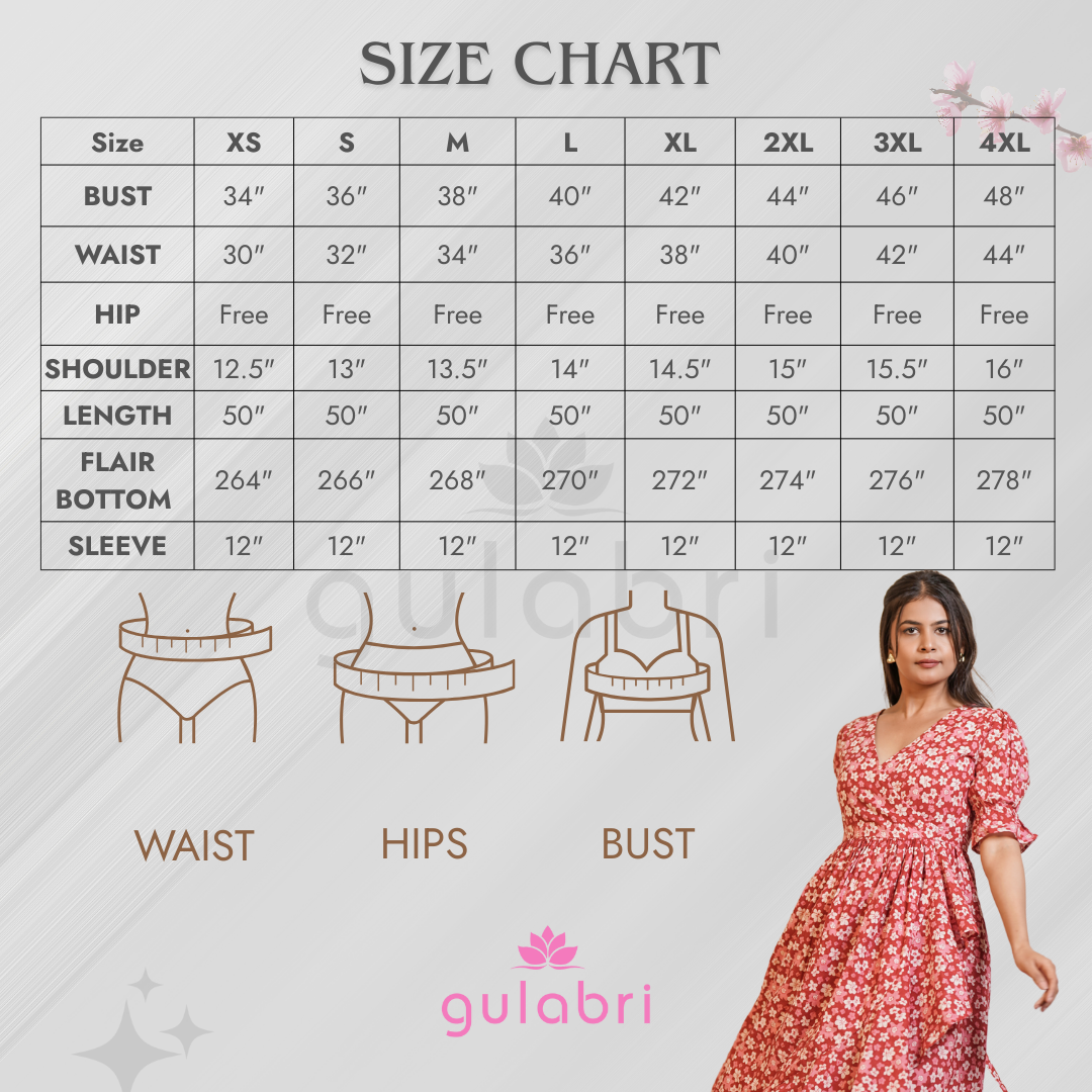 Natalie Hand block Printed Garden Waltz Midi Dress - Size Chart