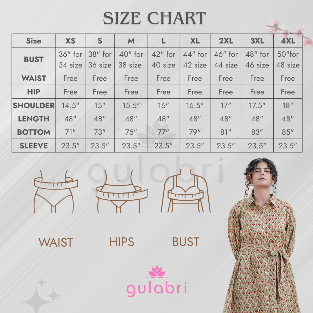 Caterina Hand block Printed Shirt Dress - Size Chart
