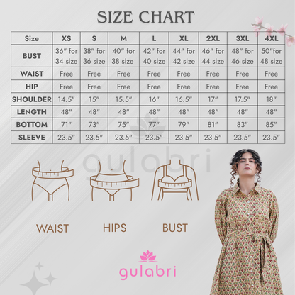 Caterina Hand block Printed Shirt Dress - Size Chart