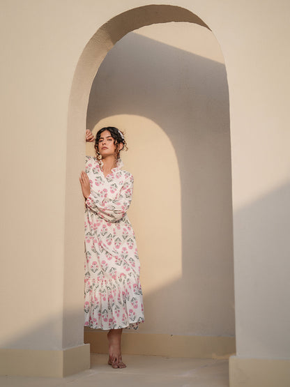Elena Hand Block Printed Floral Ruffle Dress