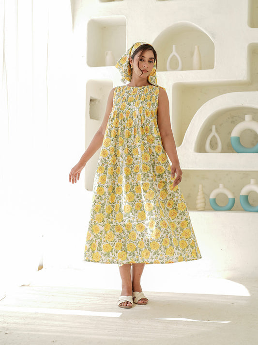 Peony Hand Block Printed Maxi Dress