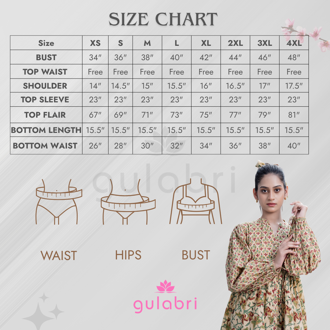 Arianna Hand Block Printed Co-Ord Set - Size Chart